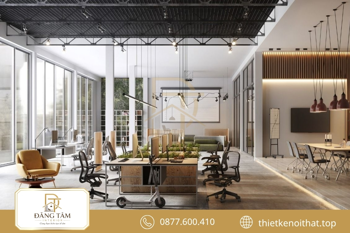 Văn phòng Industrial 300m2 kết hợp bê tông gỗ và kim loại