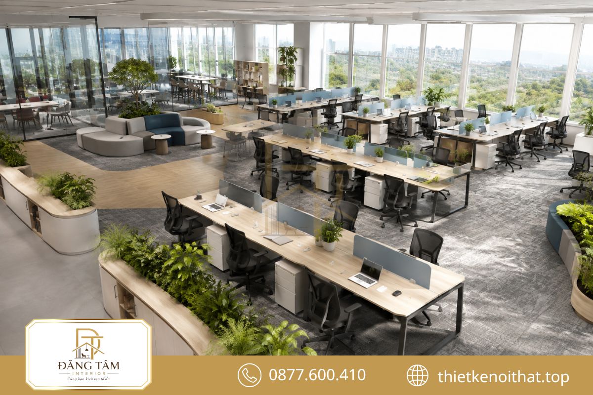 Thiết kế nội thất văn phòng mặt bằng mở kết nối các nhóm làm việc trong không gian hiện đại giàu ánh sáng