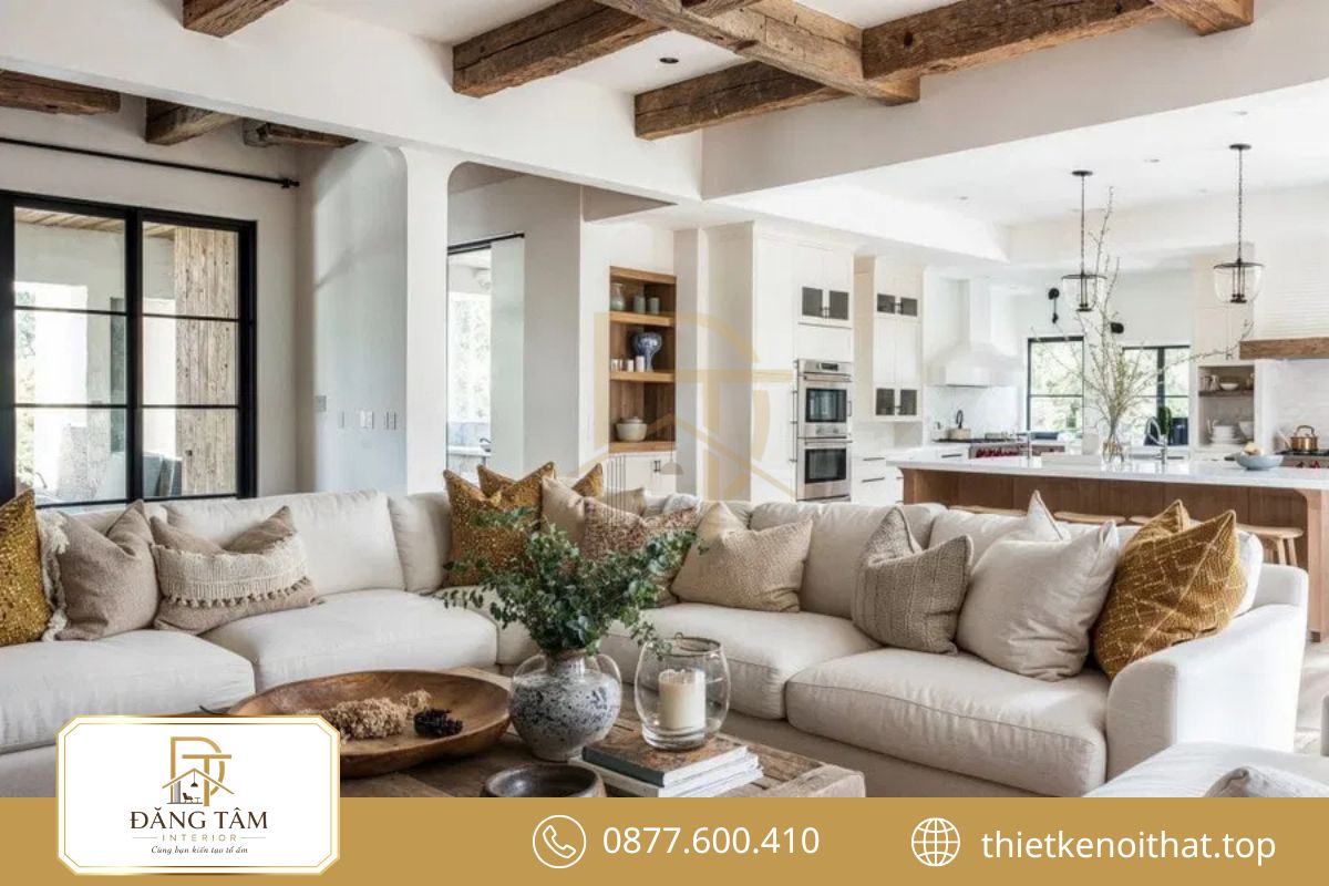 Linen và cotton làm dịu chất thô, tăng cảm giác gần gũi cho Rustic