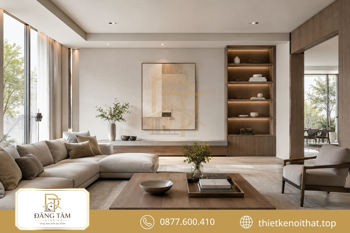 Mẫu thiết kế nội thất hiện đại phối hài hòa gỗ, đá, kính và kim loại